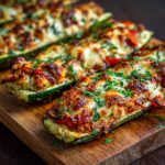 Halved zucchini boats filled with marinara sauce, melted mozzarella, pepperoni slices, and fresh basil on a baking tray.