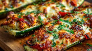 Halved zucchini boats filled with marinara sauce, melted mozzarella, pepperoni slices, and fresh basil on a baking tray.