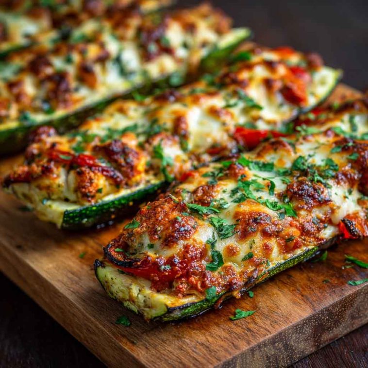 Halved zucchini boats filled with marinara sauce, melted mozzarella, pepperoni slices, and fresh basil on a baking tray.