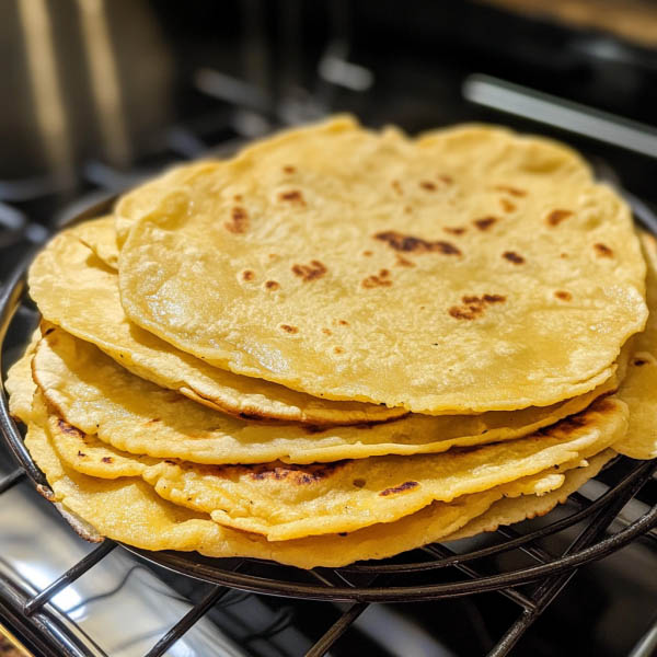 Stack of warm homemade corn tortillas on a rustic plate, soft and golden with a slightly charred surface.
