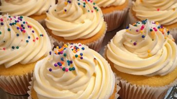 Fluffy vanilla cupcakes topped with creamy buttercream frosting and colorful sprinkles, arranged on a dessert stand.