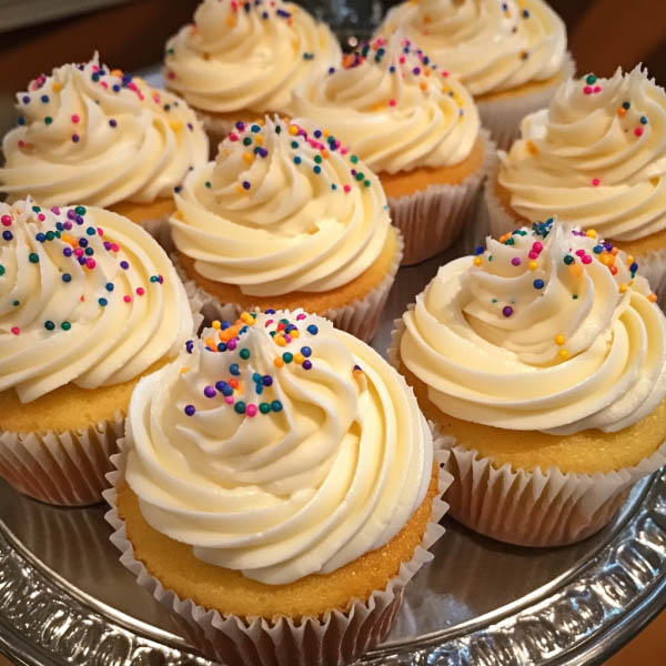 Fluffy vanilla cupcakes topped with creamy buttercream frosting and colorful sprinkles, arranged on a dessert stand.