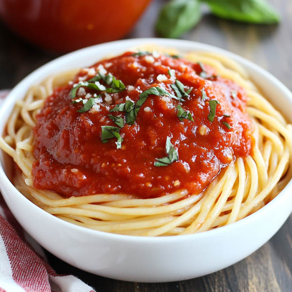 Homemade marinara sauce simmering in a pot with tomatoes, garlic, onions, and fresh basil.