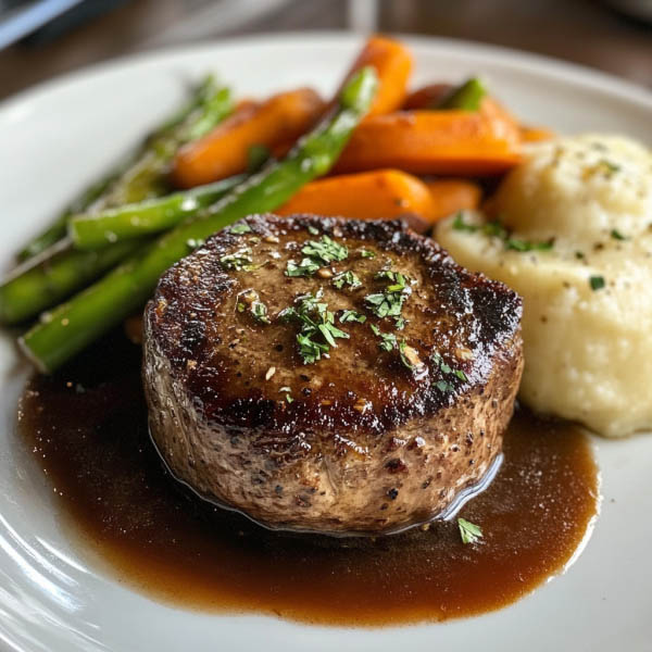 Perfectly seared filet mignon steak with a golden crust, tender center, and garlic herb butter drizzle served on a plate.
