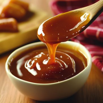 Golden microwave caramel sauce in a glass jar, drizzled over ice cream with a spoon beside it.