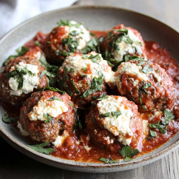 Slow cooker ricotta stuffed meatballs simmered in marinara sauce, garnished with fresh basil and parmesan.