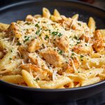 Creamy garlic parmesan chicken pasta inspired by Buffalo Wild Wings, topped with tender chicken, parmesan cheese, and herbs.