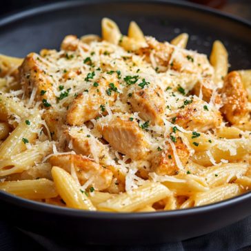 Creamy garlic parmesan chicken pasta inspired by Buffalo Wild Wings, topped with tender chicken, parmesan cheese, and herbs.