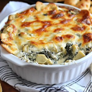A warm dish of spinach artichoke dip with melted cheese bubbling on top, served with toasted baguette slices and veggie sticks.