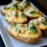 Fluffy baked potatoes topped with creamy broccoli cheese sauce, melted cheddar, and fresh herbs.