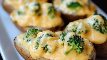 Fluffy baked potatoes topped with creamy broccoli cheese sauce, melted cheddar, and fresh herbs.