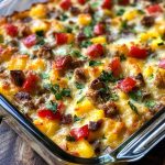 A golden-baked breakfast casserole filled with eggs, sausage, bell peppers, and melted cheddar cheese, served in a rustic dish.