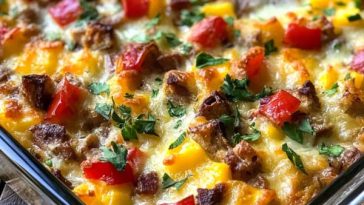 A golden-baked breakfast casserole filled with eggs, sausage, bell peppers, and melted cheddar cheese, served in a rustic dish.