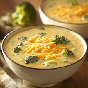 A steaming bowl of cheddar broccoli potato soup with chunks of potato, tender broccoli florets, and melted cheese in a creamy broth.