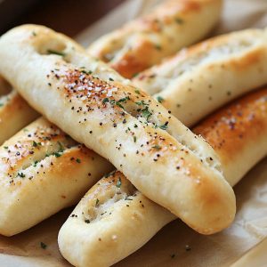 Golden, fluffy breadsticks brushed with garlic butter, stacked on a serving tray with a side of marinara sauce.