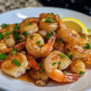 Hawaiian-style garlic shrimp served with rice, garnished with lemon wedges and fresh parsley.
