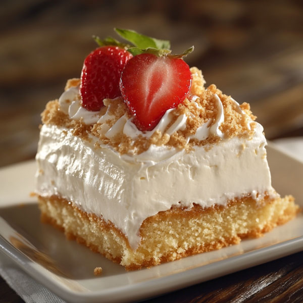 Moist tres leches cake soaked in three milks, topped with whipped cream and fresh strawberries on a white plate.