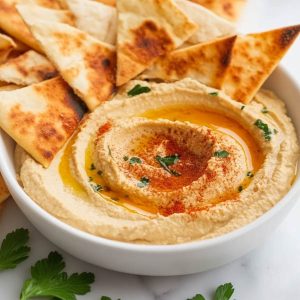 Creamy homemade hummus served with golden baked pita chips, garnished with olive oil and paprika.