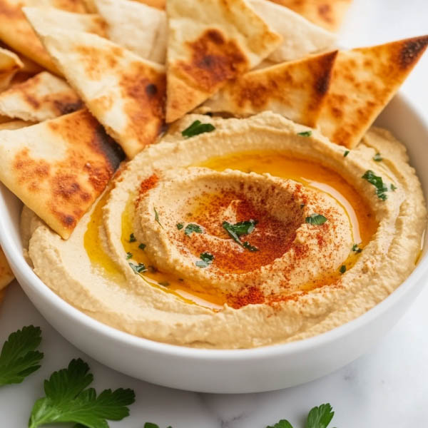 Creamy homemade hummus served with golden baked pita chips, garnished with olive oil and paprika.