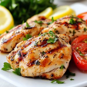 Grilled yogurt-marinated chicken served on a platter with fresh herbs, lemon wedges, and a side of salad.