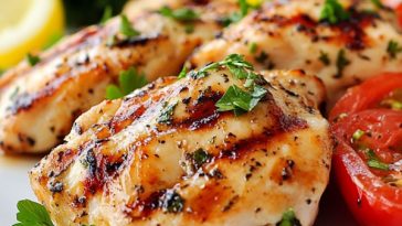 Grilled yogurt-marinated chicken served on a platter with fresh herbs, lemon wedges, and a side of salad.