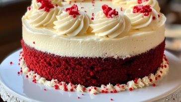 Red velvet cake layered with cream cheese frosting, deep red color with smooth white frosting and crumbs on top.