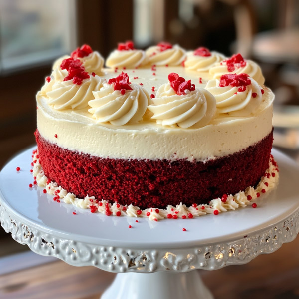 Red velvet cake layered with cream cheese frosting, deep red color with smooth white frosting and crumbs on top.