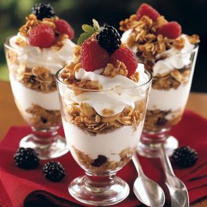 Layered yogurt parfaits in glass jars with granola, berries, and a drizzle of honey.