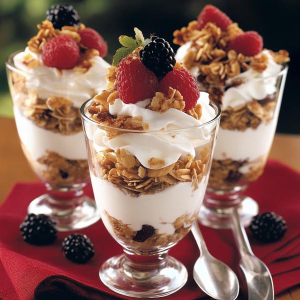 Layered yogurt parfaits in glass jars with granola, berries, and a drizzle of honey.