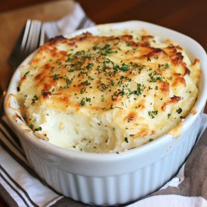 Golden baked parmesan mashed potatoes topped with melted cheese and crispy edges, served in a casserole dish.