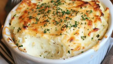 Golden baked parmesan mashed potatoes topped with melted cheese and crispy edges, served in a casserole dish.