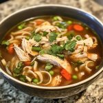 "A steaming bowl of peppery chicken noodle soup with tender chicken, fresh vegetables, and noodles in a savory broth."