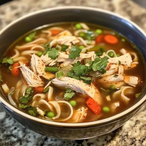 "A steaming bowl of peppery chicken noodle soup with tender chicken, fresh vegetables, and noodles in a savory broth."