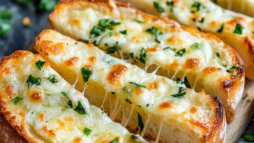 Golden cheesy garlic bread with melted mozzarella, crispy edges, and fresh parsley, sliced and ready to serve.