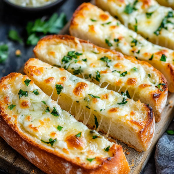 Golden cheesy garlic bread with melted mozzarella, crispy edges, and fresh parsley, sliced and ready to serve.