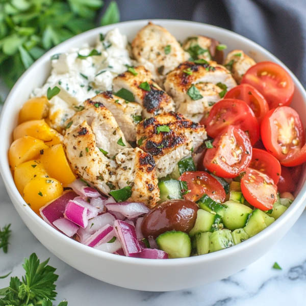 Greek chicken bowls with marinated grilled chicken, fresh cucumber, tomato, olives, feta, and tzatziki sauce served over rice.