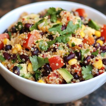 Colorful Southwestern quinoa salad with black beans, corn, tomatoes, avocado, and cilantro served in a bowl.
