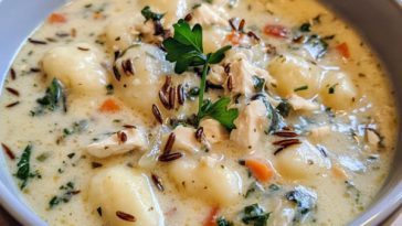 "A comforting bowl of chicken wild rice gnocchi soup with creamy broth, tender chicken, and fresh herbs."