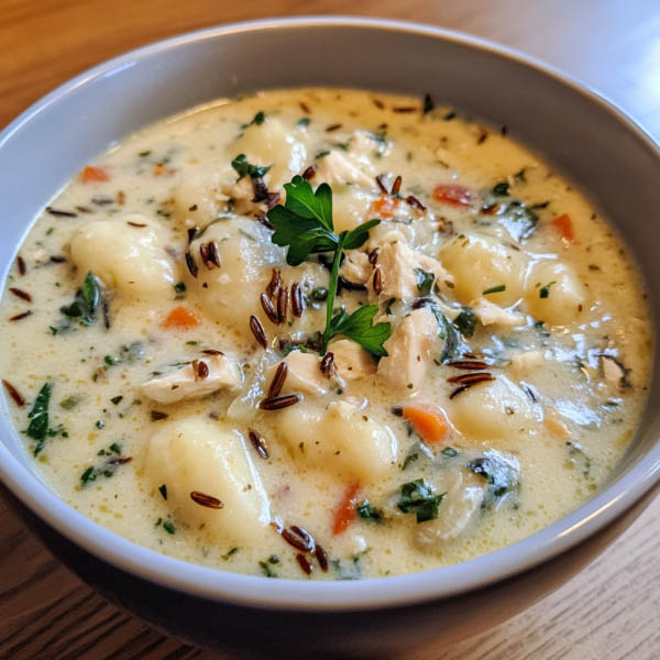 "A comforting bowl of chicken wild rice gnocchi soup with creamy broth, tender chicken, and fresh herbs."