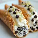 Homemade cannoli with crispy shells filled with creamy ricotta filling and chocolate chips, dusted with powdered sugar.