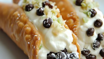 Homemade cannoli with crispy shells filled with creamy ricotta filling and chocolate chips, dusted with powdered sugar.