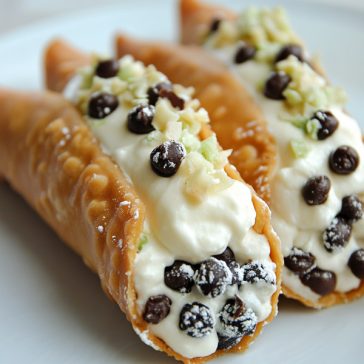 Homemade cannoli with crispy shells filled with creamy ricotta filling and chocolate chips, dusted with powdered sugar.