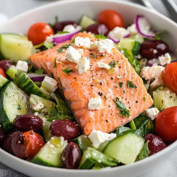 A vibrant Greek salmon salad with baked salmon fillet, romaine lettuce, tomatoes, cucumbers, olives, feta, and lemon-mint vinaigrette.
