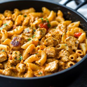 One pot Cajun chicken pasta with creamy sauce, tender chicken, penne pasta, and colorful bell peppers served in a skillet.