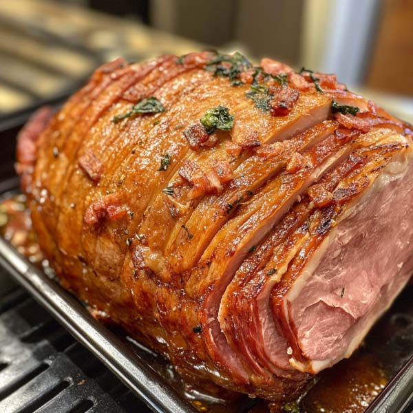 Golden honey baked ham glazed with sweet honey and spices, sliced and served on a festive holiday platter.
