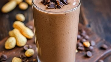 Chocolate peanut butter protein drink in a tall glass, blended smooth with cocoa, peanut butter, and protein powder.