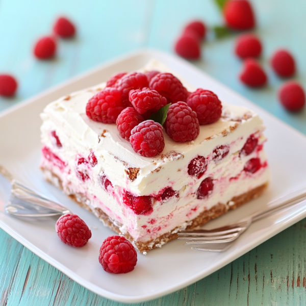 Raspberry icebox cake layered with graham crackers, whipped cream, and fresh raspberries, chilled until set and served cold.