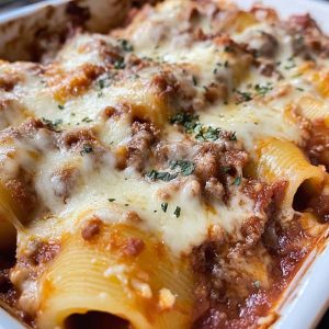 Unstuffed shells pasta baked with marinara sauce, ricotta, mozzarella, and Italian herbs in a casserole dish.