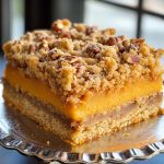 "A slice of pumpkin spice and pecan crumb cake topped with crunchy streusel and drizzled with glaze."