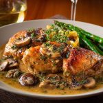 Tender chicken in a creamy white wine sauce with garlic and herbs, served in a skillet with a rich, velvety texture.